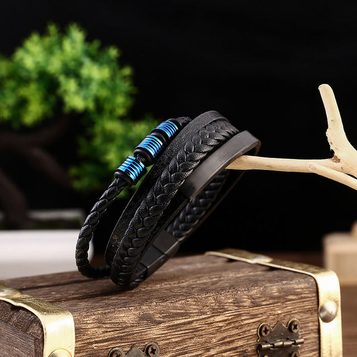 Bracciale con fibbia magnetica intrecciata in acciaio al titanio multistrato in pelle Buddha Stones