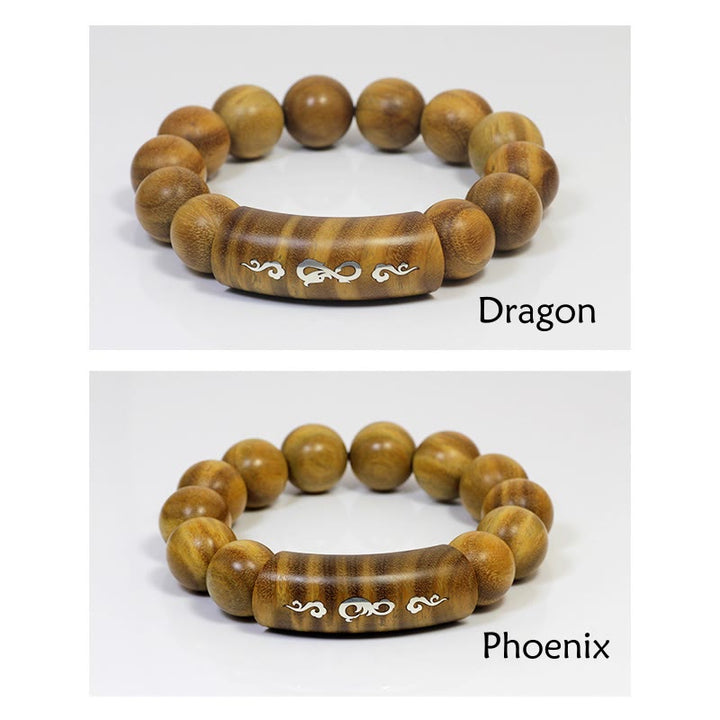 Bracciale Buddha Stones 999 Sterling Silver Sandalo Verde Om Mani Padme Hum Drago Fenice Dharmachakra Intarsiato Pace