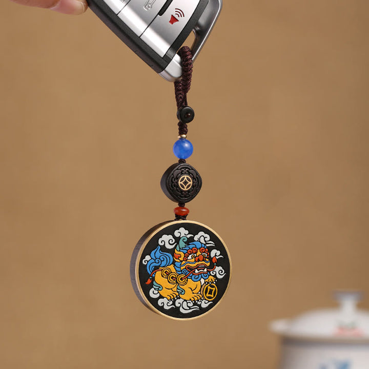 Buddha Stones PiXiu Moneta di rame Legno di ebano Fortuna Attrarre Ricchezza Portachiavi Decorazione