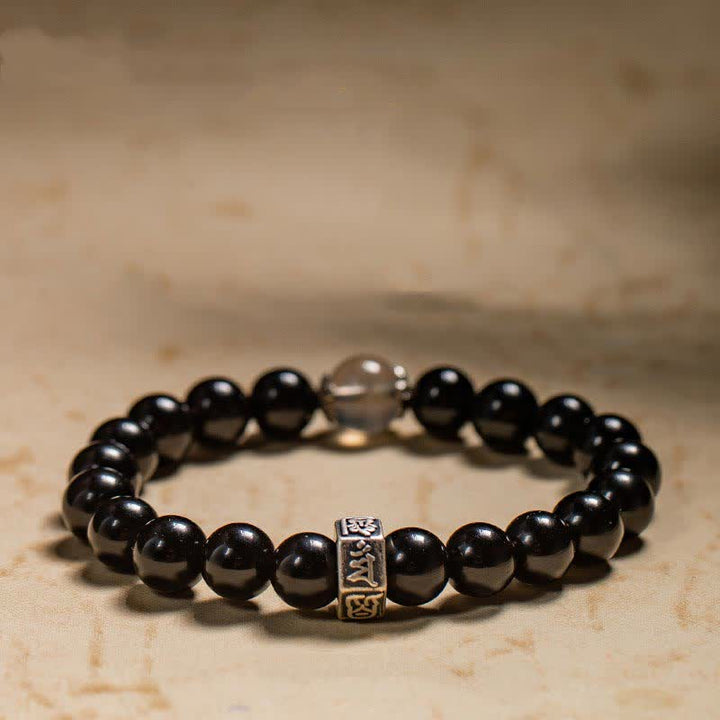 Braccialetto cinese zodiaco natale Buddha 925 argento sterling ossidiana nera pietra di luna forza