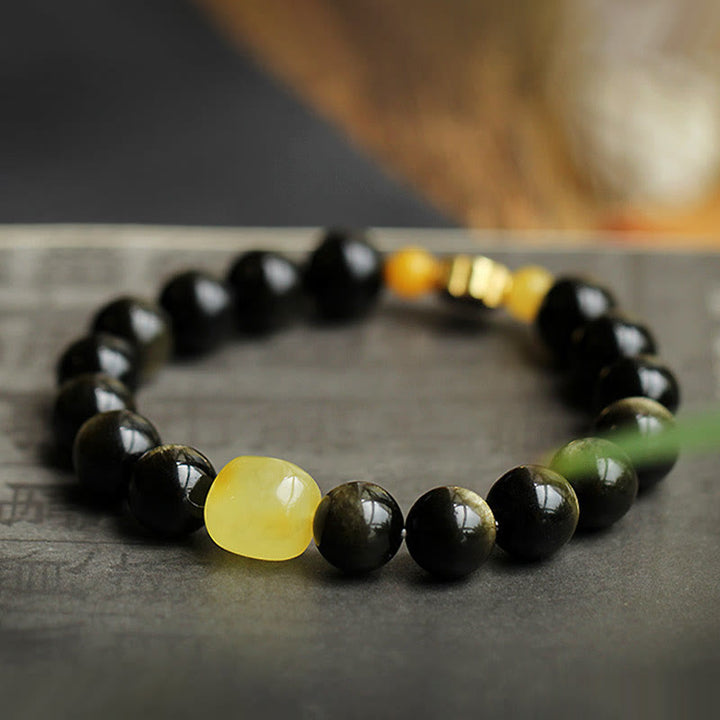 Bracciale Buddha Stones 925 Sterling Silver Zodiaco Cinese Buddha Natale Naturale Oro Lucentezza Ossidiana Ambra Protezione Ricchezza