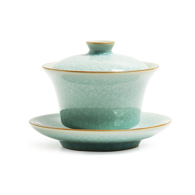 Buddha Stones Retro Green Ice Glaze Ceramic Gaiwan Sancai Tazza da tè Kung Fu Tazza da tè e piattino con coperchio
