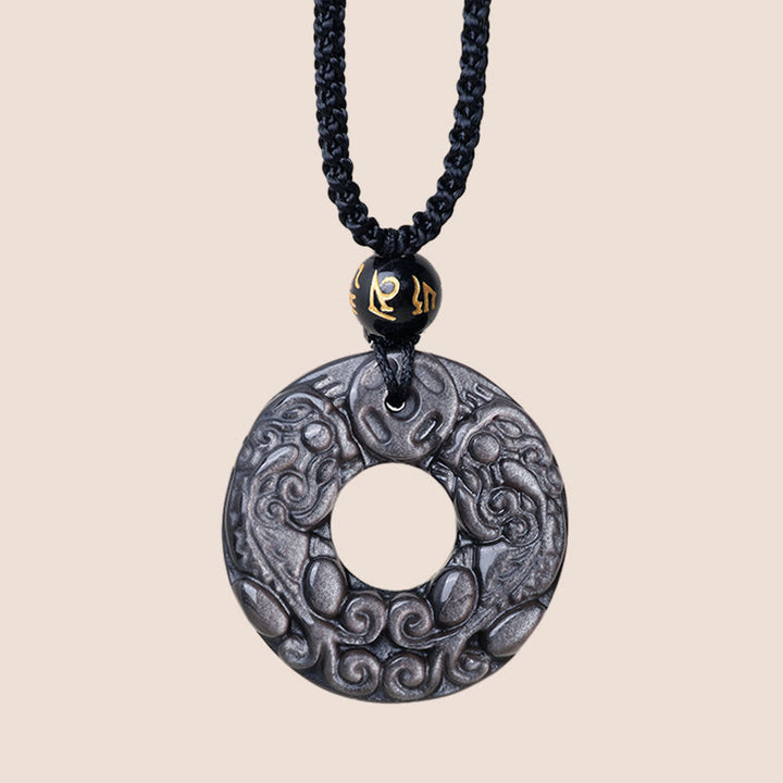 Buddha Stones con ciondolo con fibbia della pace in argento naturale lucido ossidiana doppia PiXiu moneta di rame - image 3