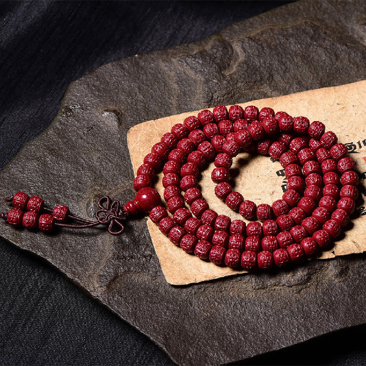 Buddha Stones 108 Mala Beads Cinnabar Om Mani Padme Hum Pattern Braccialetto di benedizione inciso