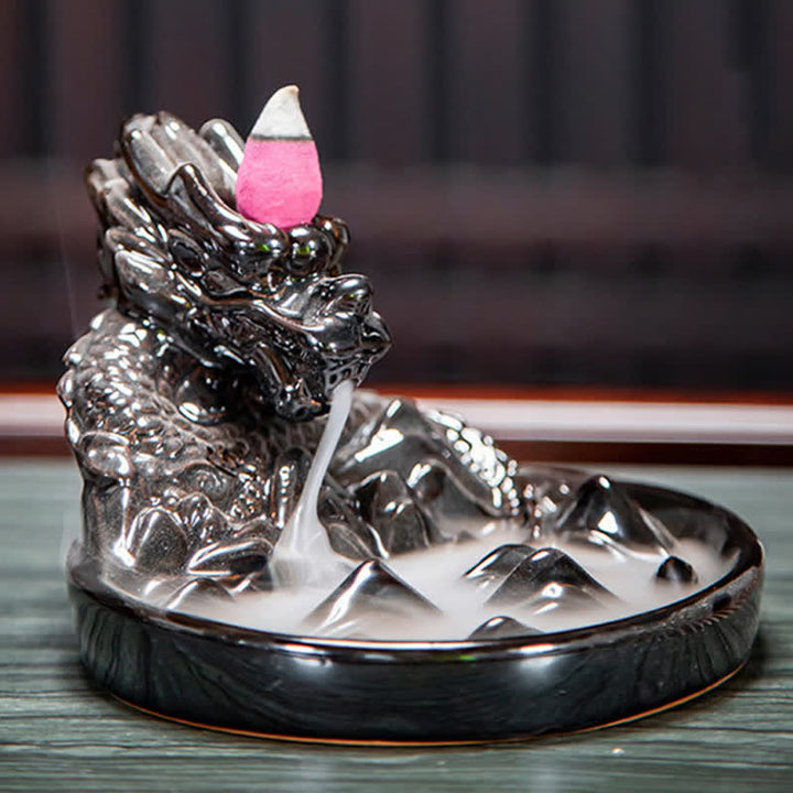 Bruciatore di incenso con fontana di fumo a riflusso in ceramica con motivo a drago, decorazione