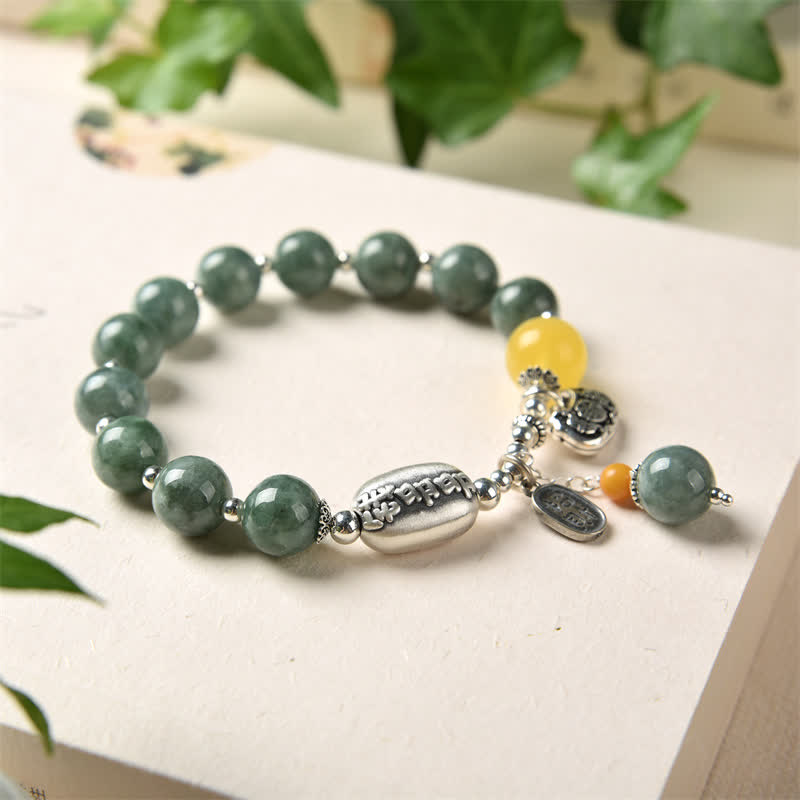 Bracciale Buddha Stones in argento sterling 925, giada ciano, ambra e successo