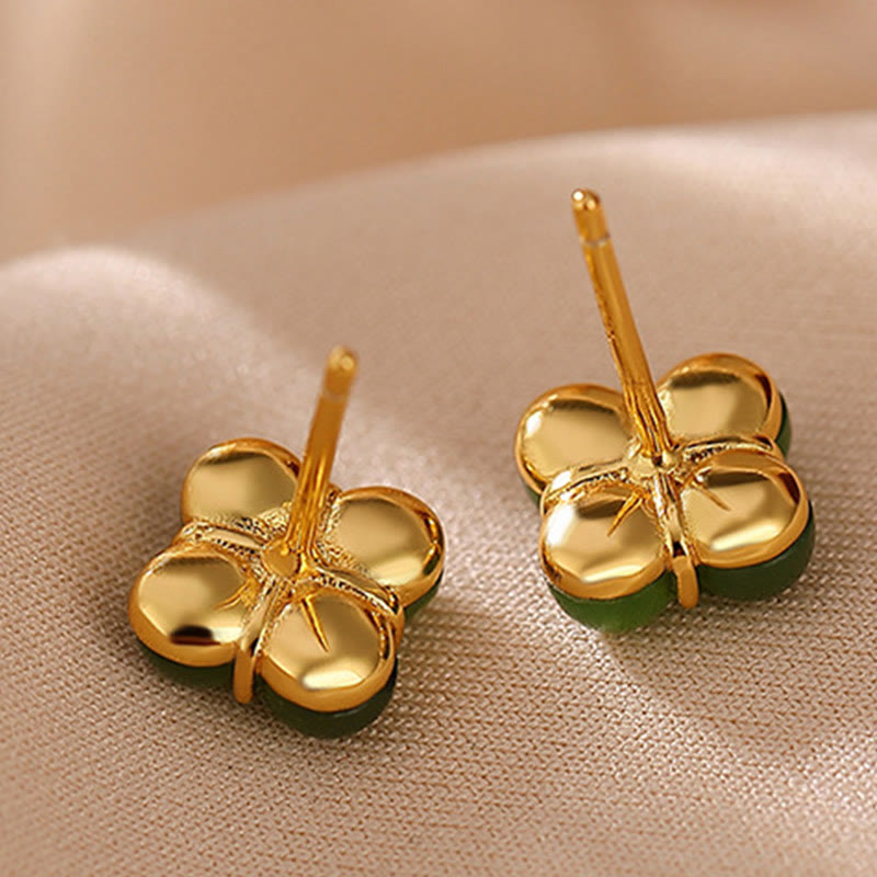 Orecchini a bottone con quadrifoglio e portafortuna in giada ciano naturale placcato oro e argento sterling 925 Buddha Stones