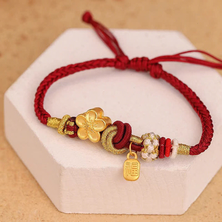 Braccialetto con corda rossa Buddha Stones, ciondolo felicità, fiori di pesco