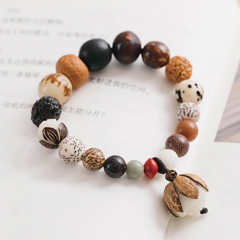 Bracciale Mala da polso Buddha Stones, semi di Bodhi, loto, saggezza, pace