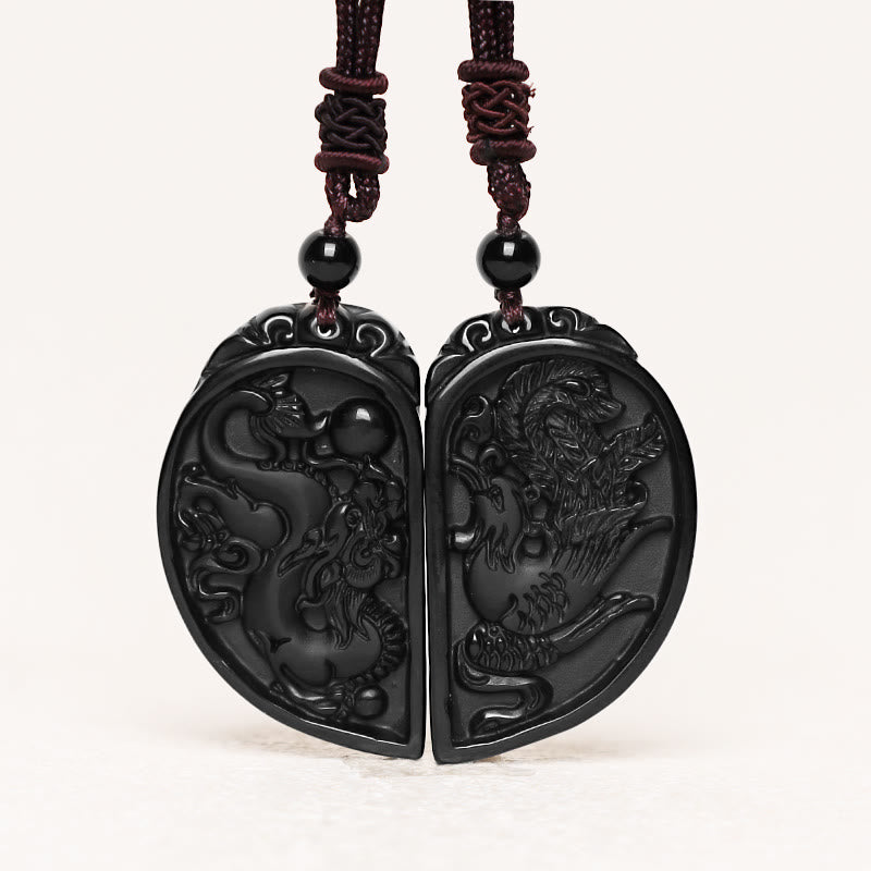 Collana con ciondolo di protezione in ossidiana nera, drago, fenice e Buddha Stones - image 2