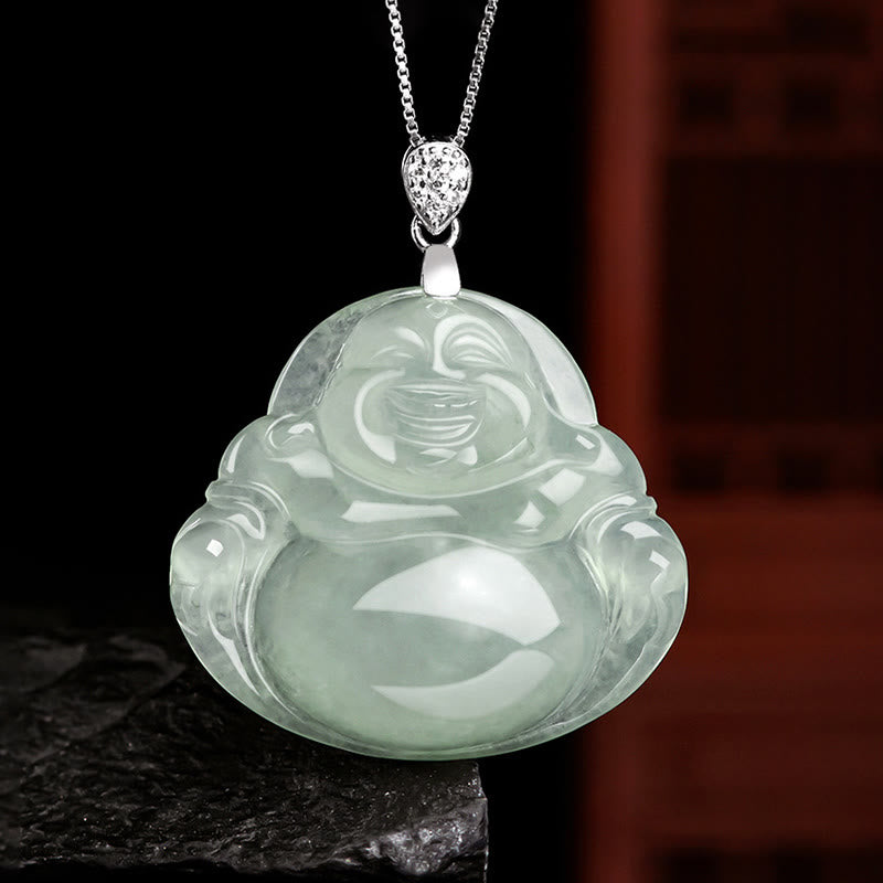 Collana con ciondolo a Buddha Stones in argento sterling 925, giada naturale, Buddha che ride, prosperità e abbondanza