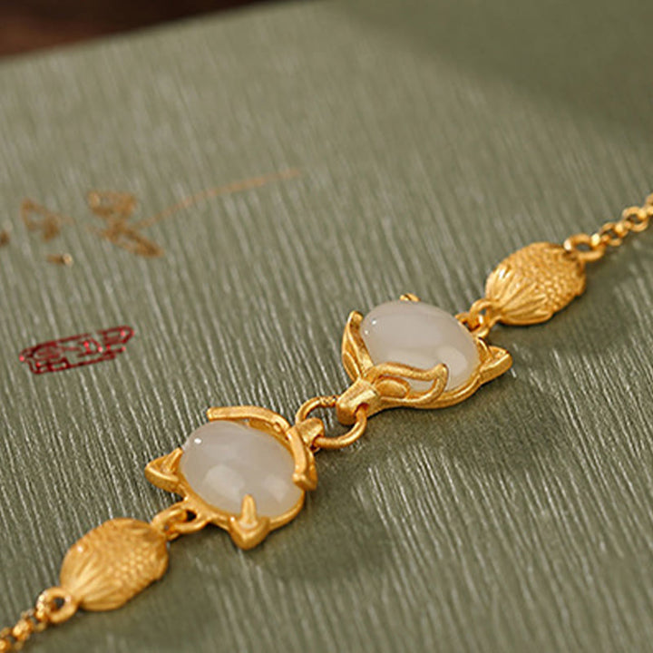 Braccialetto portafortuna con giada bianca naturale Hetian in argento sterling 925 Buddha Stones, giada ciano e volpe adorabile