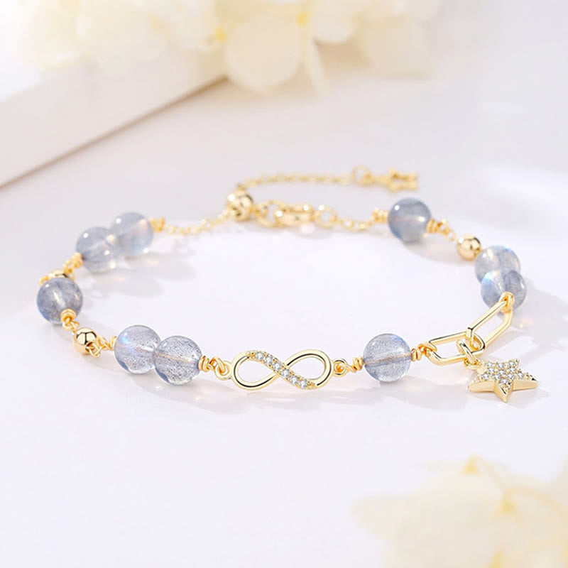 Buddha Stones 14K placcato oro naturale quarzo fragola pietra di luna Möbius Loop Eternal Love Star Bracciale positivo