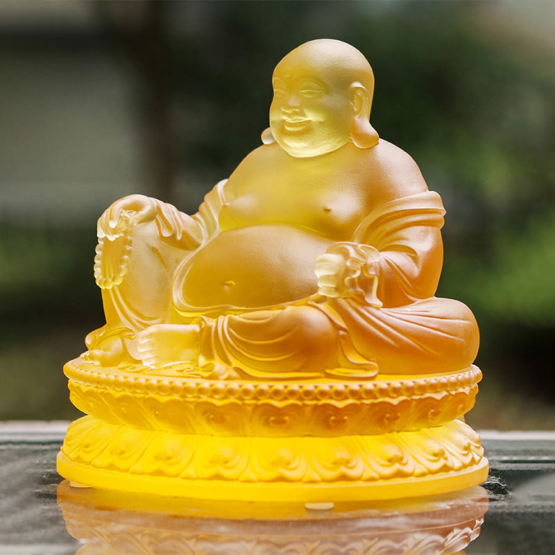 Buddha Stones fatte a mano Statua del Buddha che ride Liuli Cristallo Pezzo d'arte Statua della ricchezza Decorazione della casa