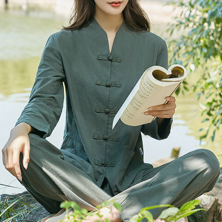 Buddha Stones Spirituale Zen Pratica Yoga Meditazione Preghiera Uniforme Cotone Lino Abbigliamento Donna Set - Verde scuro - US18, UK/AU22, EU50 (6XL) - image 1