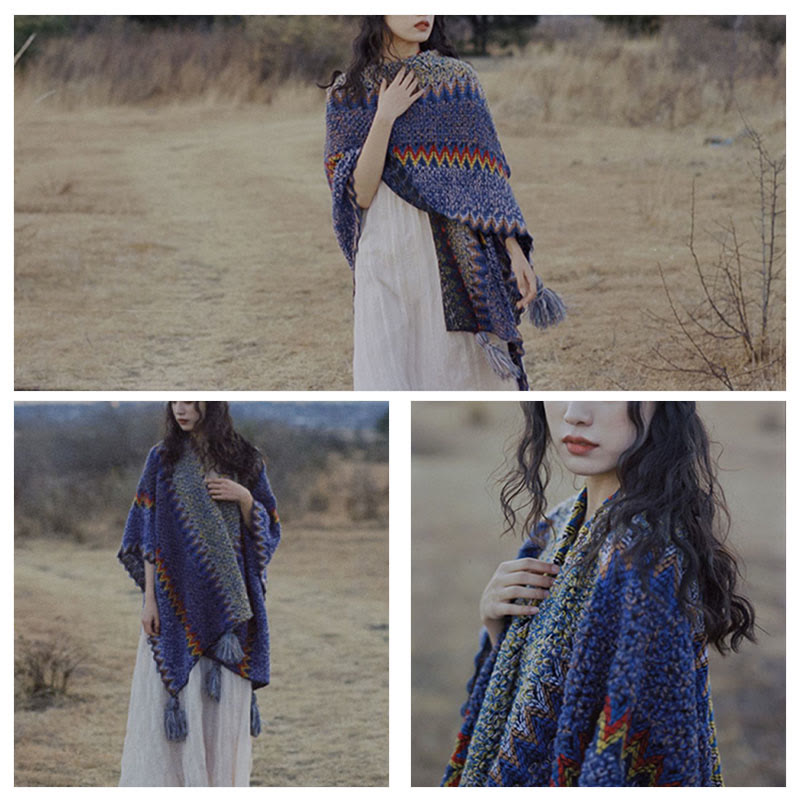 Scialle tibetano Buddha Stones, morbido e caldo, mantello lavorato a maglia, sciarpa tibetana invernale con nappe