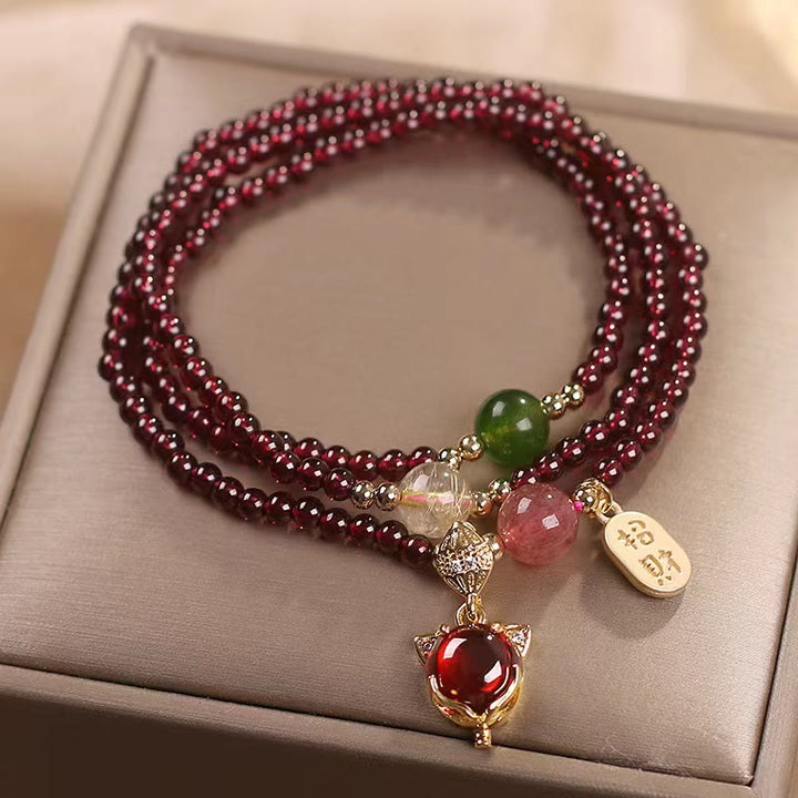 Buddha Stones Granato naturale Cristallo di quarzo fragola Volpe Koi Pesce Pace Fibbia Fortuna Protezione Braccialetto a triplo giro