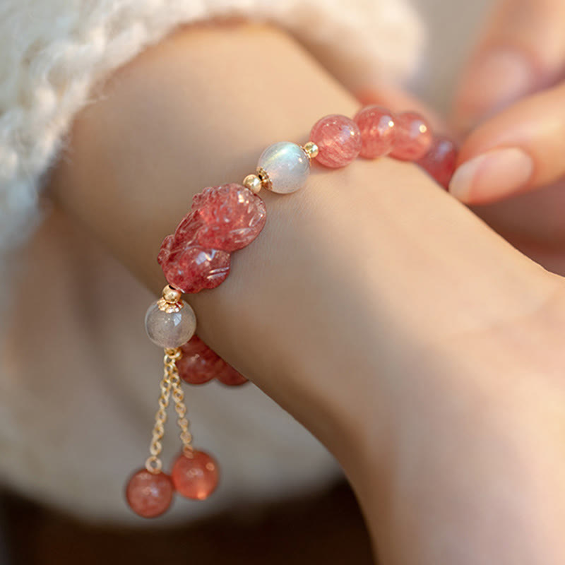 Buddha Stones Natural Strawberry Quartz Moonstone Braccialetto di guarigione dell'amore PiXiu