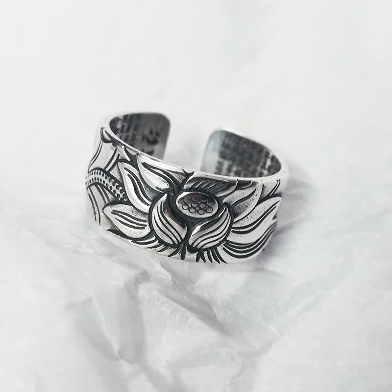 Anello di protezione del sutra del cuore con simbolo del loto in argento sterling 999 Buddha Stones