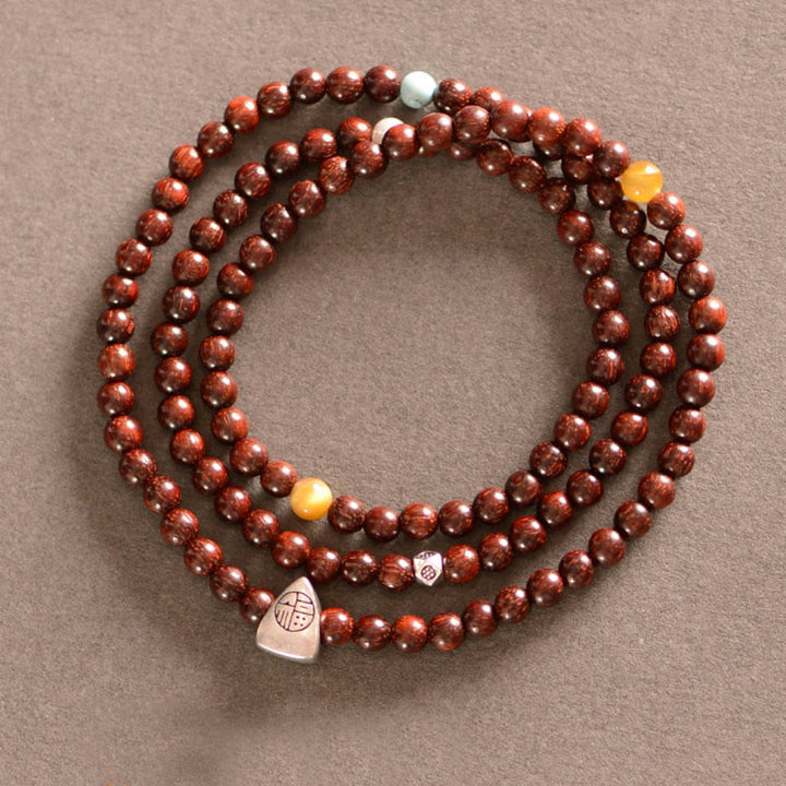 Braccialetto a triplo giro con protezione del carattere Fu, in argento Buddha Stones 925, con piccola foglia indiana in legno di sandalo rosso