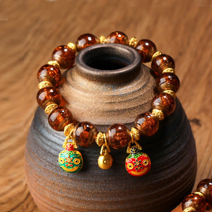 Buddha Stones Oro Deglutizione Bestia Famiglia Ciondolo Liuli Perline di Vetro Braccialetto della Fortuna