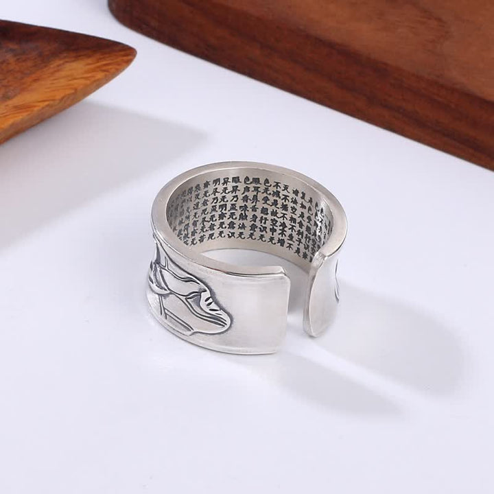 Anello di protezione del sutra del cuore del fiore di loto in argento sterling 999 Buddha Stones