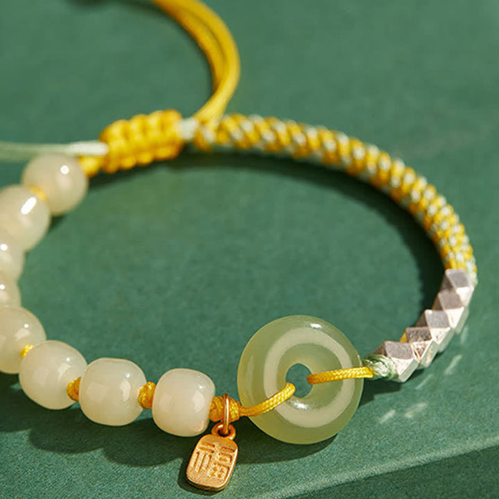 Braccialetto con ciondolo di fortuna e felicità con perline e fibbia della pace in giada Hetian in argento sterling 925 Buddha Stones