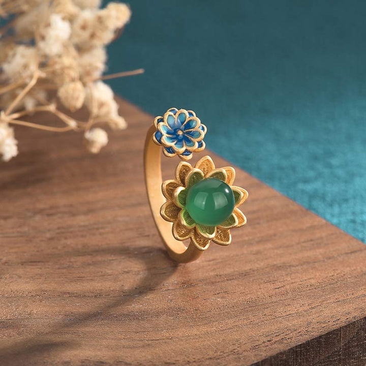 Anello regolabile Buddha Stones Lotus Pattern Jade Abundance