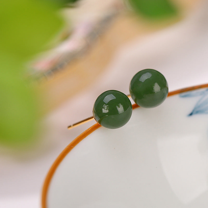 Orecchini a bottone rotondi in argento sterling 925 con Buddha Stones, giada ciano, guarigione e calma