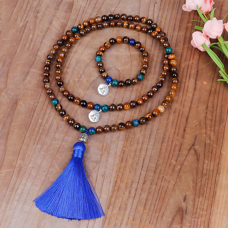 Buddha Stones 108 Mala Beads Occhio di tigre Buddha Forza Braccialetto Nappa Collana Pendente