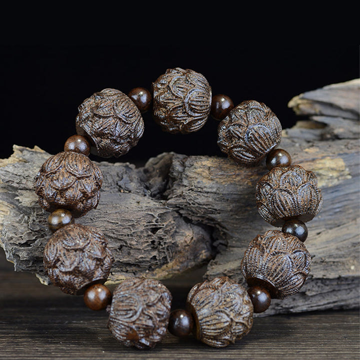 Braccialetto di equilibrio inciso Buddha Stones, legno di ebano, diciotto Arhat, drago di loto