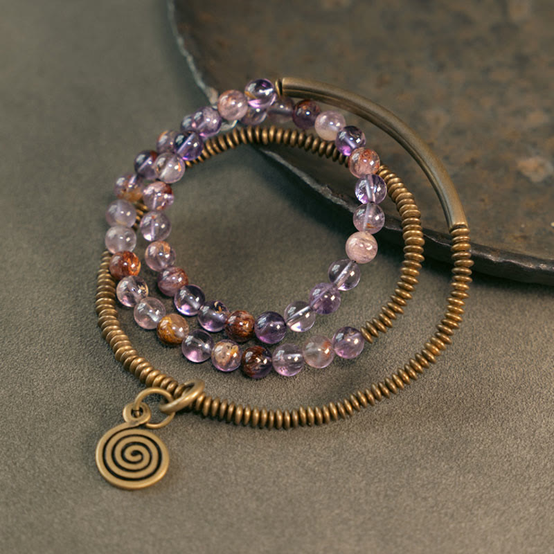 Bracciale Buddha Stones Viola Phantom Rosso Quarzo Ematoide Quarzo Rutilato Verde Rame Amore Perdona