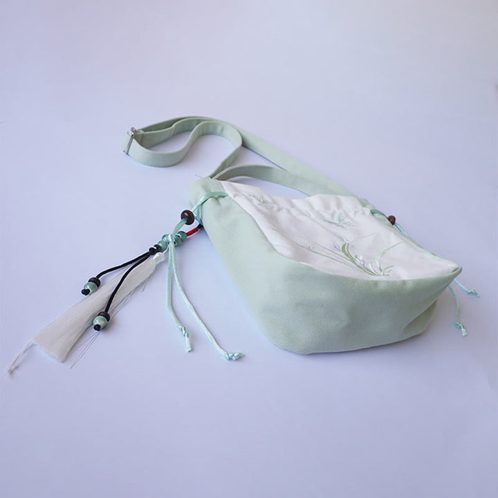 Borsa a tracolla in tela con fiori ricamati a mano con Buddha Stones