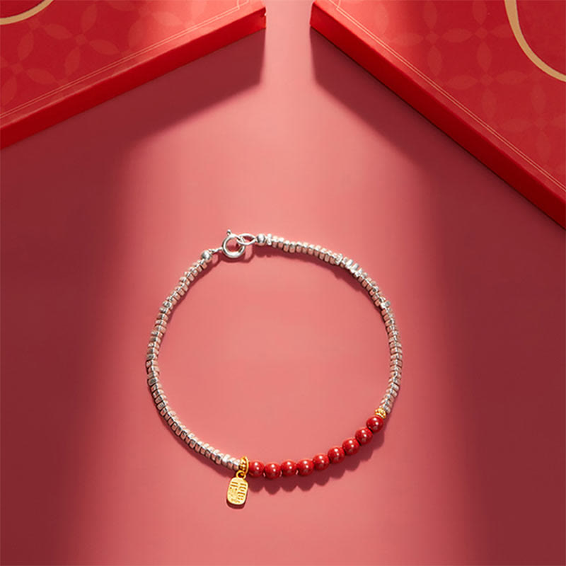 Bracciale Buddha Stones 925 Sterling Silver Cinnabar Fu Character Blessing