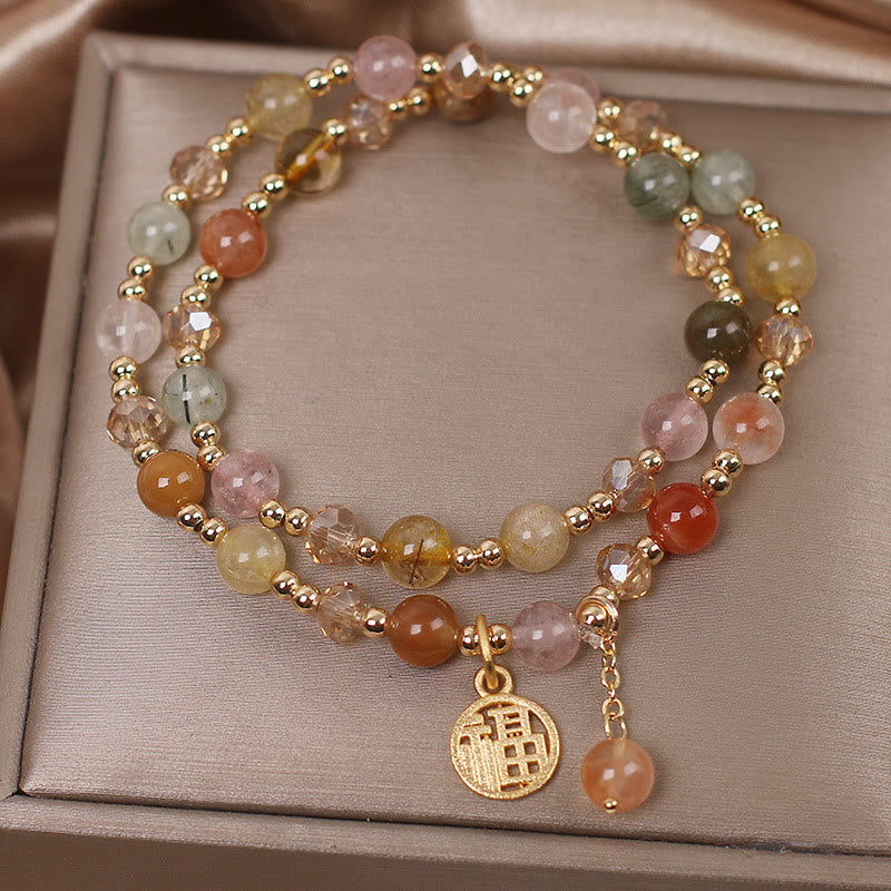 Braccialetto di auspicio con carattere Fu in quarzo rutilato multicolore Buddha Stones