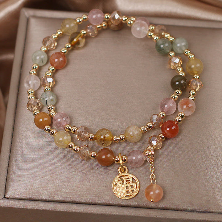 Braccialetto di auspicio con carattere Fu in quarzo rutilato multicolore Buddha Stones