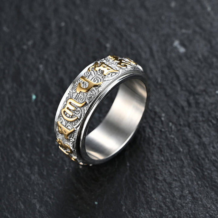 Buddha Stones Sei parole vere Equilibrio Calma Anello in titanio e acciaio