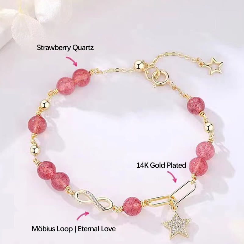 Buddha Stones 14K placcato oro naturale quarzo fragola pietra di luna Möbius Loop Eternal Love Star Bracciale positivo