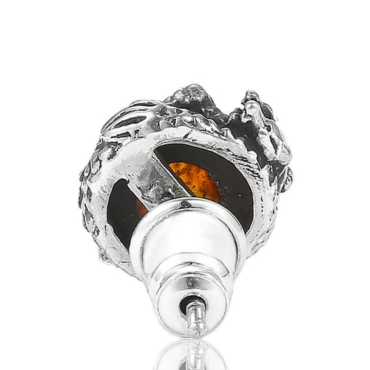 Orecchino a perno Buddha Stones 925 Sterling Silver Ambra naturale Drago Protezione Successo