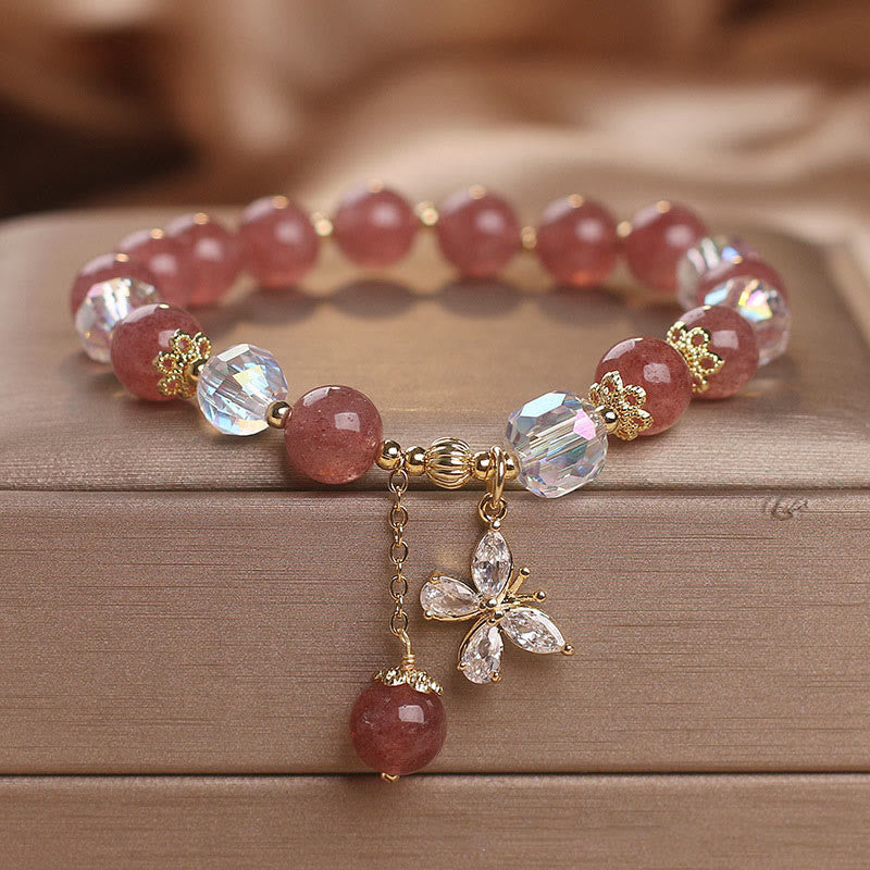 Braccialetto con ciondolo a farfalla con guarigione dell'amore in quarzo fragola naturale Buddha Stones
