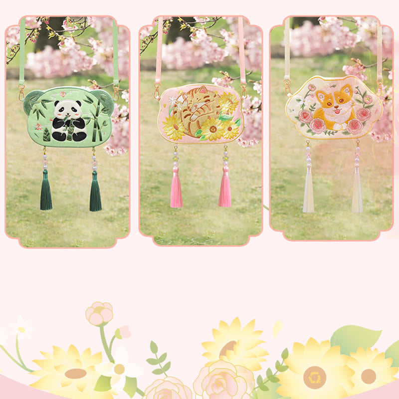 Buddha Stones Ricamo Panda Fortunato Gatto Shiba Inu Cervo Coniglio Volpe Fiore Animale Carino Borsa Hanfu Borsa A Tracolla Borsa A Tracolla