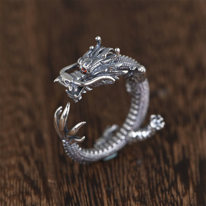 Anello di protezione della fortuna del drago in argento sterling 925 Buddha Stones
