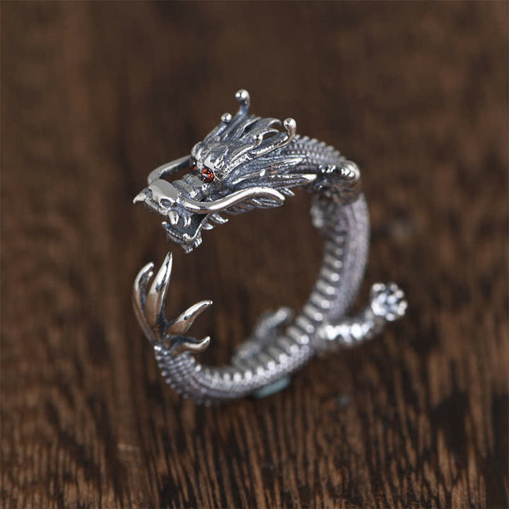 Anello di protezione della fortuna del drago in argento sterling 925 Buddha Stones