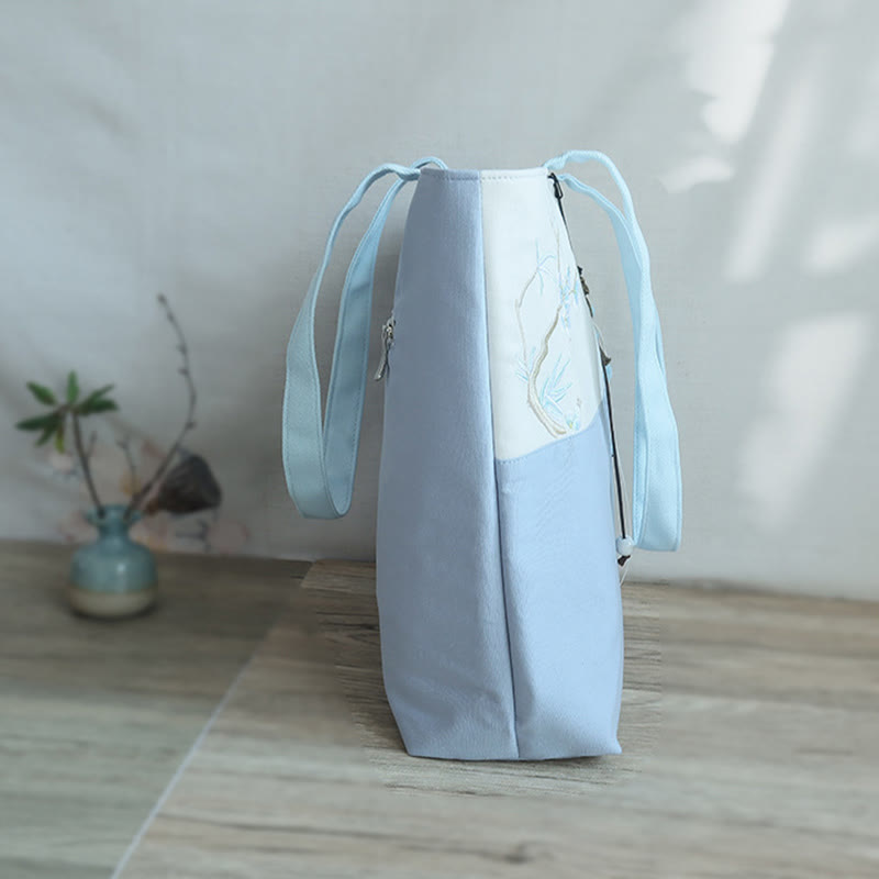 Borsa a tracolla grande capacità in tela con ricamo in bambù, prugna, fiore di pera, pesco