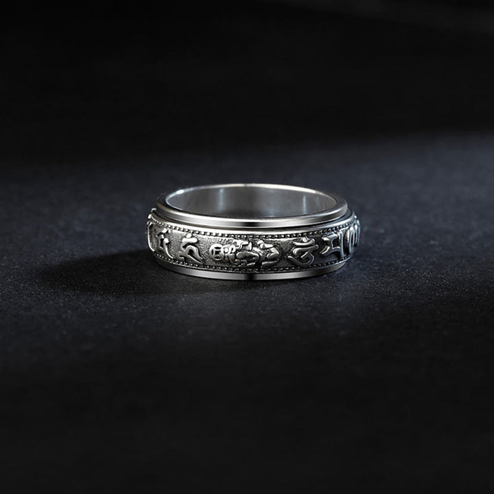 Buddha Stones Tibetano Om Mani Padme Hum PiXiu Inciso Ricchezza Fortuna Anello Rotante