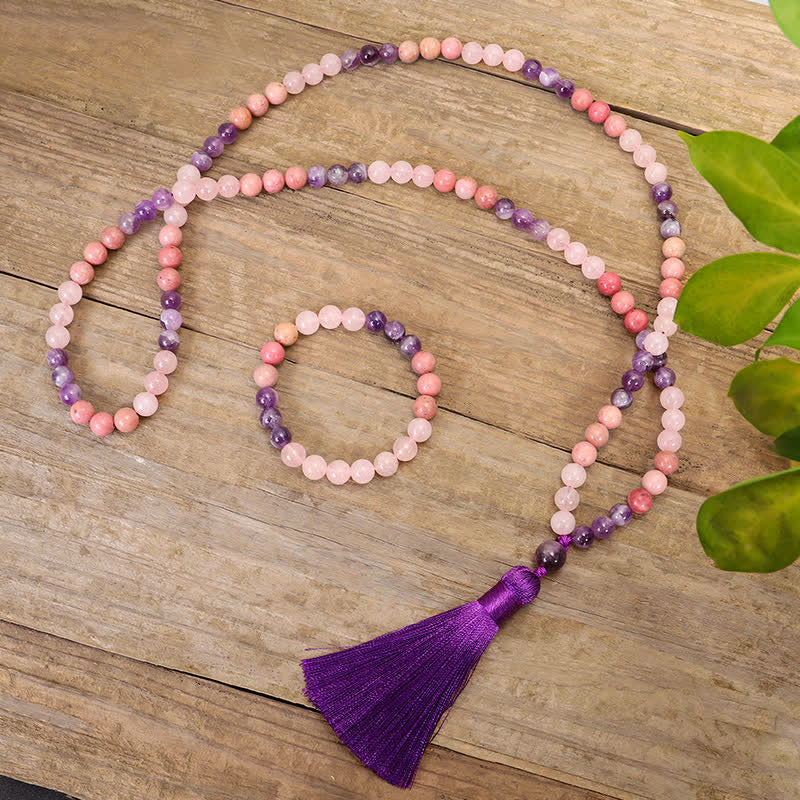 Buddha Stones 108 Mala Beads Ametista Quarzo Rosa Braccialetto con Nappa di Guarigione Spirituale