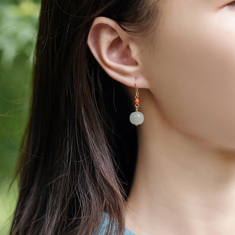 Orecchini pendenti con pendente della fortuna in giada di Hetian, agata rossa, argento sterling 925 placcato oro 14k, Buddha Stones - image 6