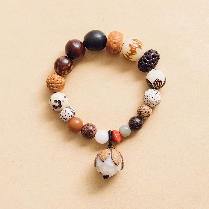 Bracciale Mala da polso Buddha Stones, semi di Bodhi, loto, saggezza, pace