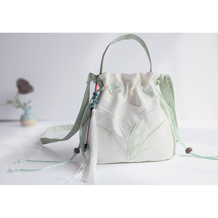 Borsa a tracolla in tela con fiori ricamati a mano con Buddha Stones