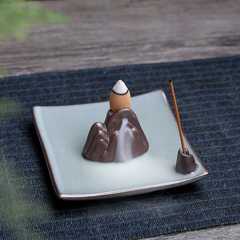 Bruciatore di incenso spirituale a riflusso quadrato in ceramica con fiore di prugna di loto